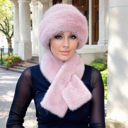 Women'S Luxurious Faux Fur Hat and Scarf Set, Winter Warmth Thickened Polyester Fox Fur Cap with Earmuffs, Elegant Festive Gift, Knitted No-Brim Hat, Non-Stretch, Hand Wash Only
