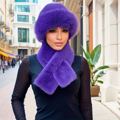 Women'S Luxurious Faux Fur Hat and Scarf Set, Winter Warmth Thickened Polyester Fox Fur Cap with Earmuffs, Elegant Festive Gift, Knitted No-Brim Hat, Non-Stretch, Hand Wash Only