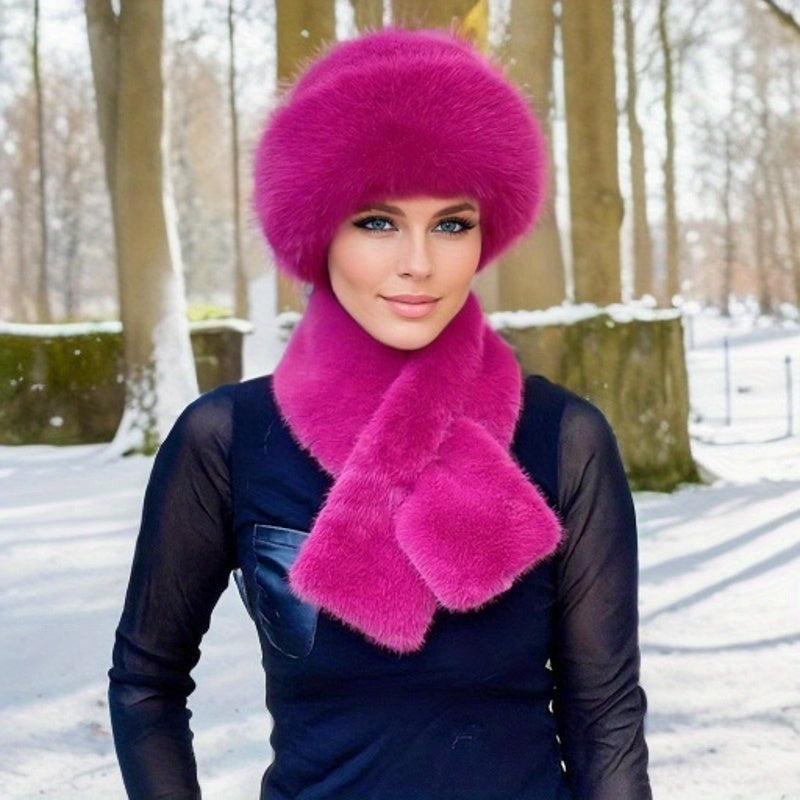 Women'S Luxurious Faux Fur Hat and Scarf Set, Winter Warmth Thickened Polyester Fox Fur Cap with Earmuffs, Elegant Festive Gift, Knitted No-Brim Hat, Non-Stretch, Hand Wash Only