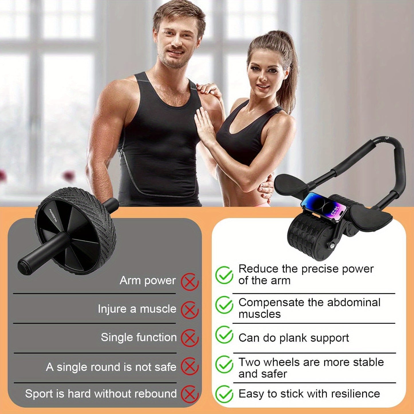 Universal Abdominal Exercise Wheel with Automatic Rebound, Elbow Support - Core Strength Trainer, Uncharged Dual-Wheel Abs Roller for Men and Women, Durable Spandex and PVC Construction