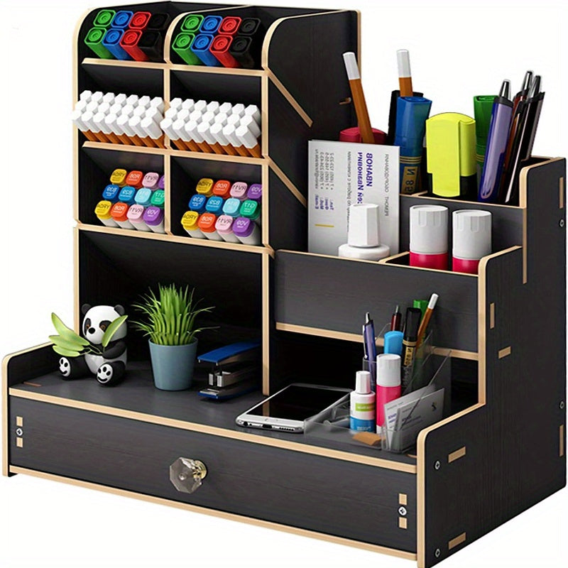 Elegante organizador de escritorio de madera con un diseño único para bolígrafos y documentos: perfecto para el uso diario en la oficina.