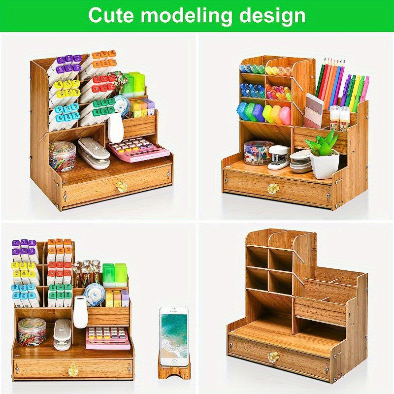 Elegante organizador de escritorio de madera con un diseño único para bolígrafos y documentos: perfecto para el uso diario en la oficina.