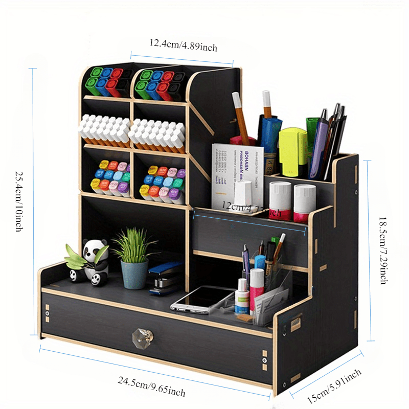 Elegante organizador de escritorio de madera con un diseño único para bolígrafos y documentos: perfecto para el uso diario en la oficina.