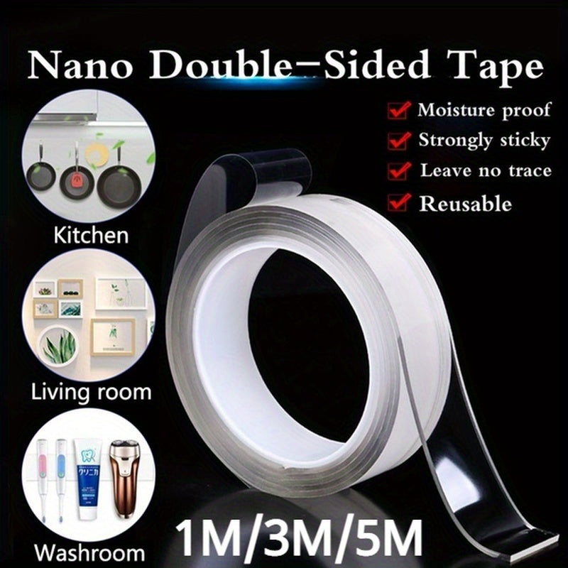 Strong Transparent Nano Tape - Washable, Reusable Double-Sided Adhesive for Furniture, 1/3/5m Rolls, Rubber Material, Universal Hook Tape
