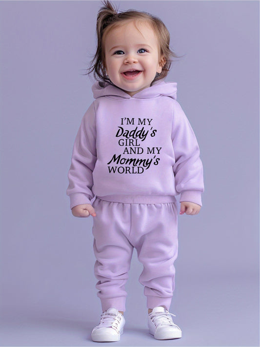 Toddler Girls' 2-Piece Active Set - Polyester Hooded Sweatshirt with Matching Joggers, Casual Long Sleeve Outfit with Inspirational Print, Loose Fit Knit Fabric for Spring/Fall, For Outdoor