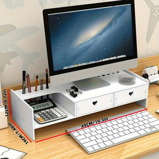 1pc Wooden Desktop Monitor Stand Riser with Storage Organizer Drawers, Desk Computer Elevated Shelf for Home Office