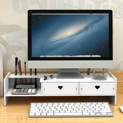 1pc Wooden Desktop Monitor Stand Riser with Storage Organizer Drawers, Desk Computer Elevated Shelf for Home Office