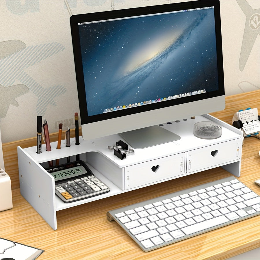1 soporte de madera para monitor de escritorio con cajones organizadores de almacenamiento, estante elevado para computadora de escritorio para oficina en casa.