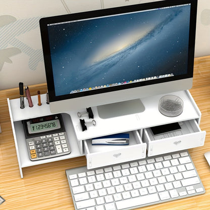 1pc Wooden Desktop Monitor Stand Riser with Storage Organizer Drawers, Desk Computer Elevated Shelf for Home Office