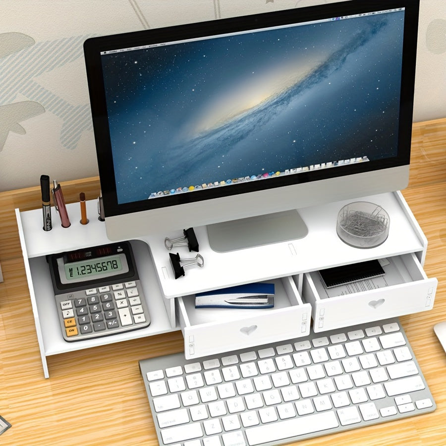 1 soporte de madera para monitor de escritorio con cajones organizadores de almacenamiento, estante elevado para computadora de escritorio para oficina en casa.