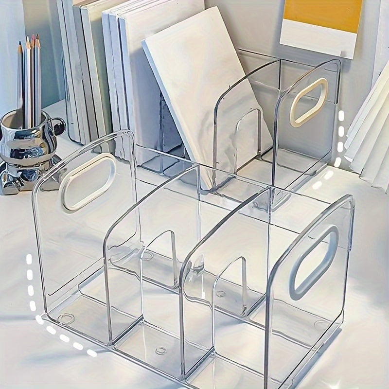 Clear Acrylic Desk Organizer for Office Supplies - Stylish Transparent Desktop File Holder and Bookshelf for Workstation Organization, Durable PP Material