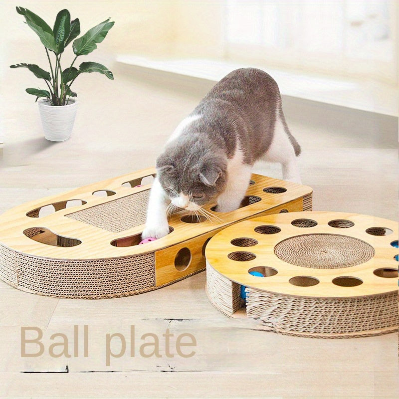 Interactive Cat Scratcher Board with Teaser Ball - Durable Corrugated Cardboard, Multi-Functional Play and Exercise Toy for Cats, Ideal New Year or Christmas Gift - 1pc, Cat Play Toy | Multifunctional Scratcher | Textured Pla