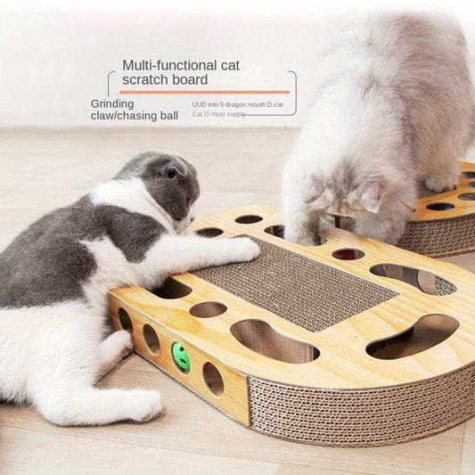 Interactive Cat Scratcher Board with Teaser Ball - Durable Corrugated Cardboard, Multi-Functional Play and Exercise Toy for Cats, Ideal New Year or Christmas Gift - 1pc, Cat Play Toy | Multifunctional Scratcher | Textured Play