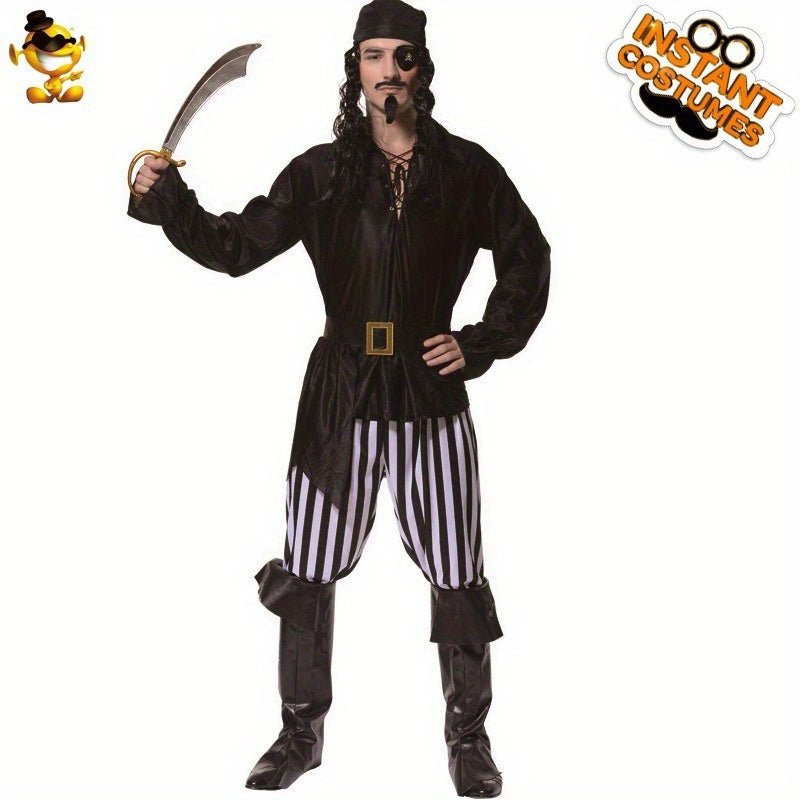 Disfraz de pirata divertido para hombre: disfraz completo de fiesta de Halloween con tejido de poliéster e incluye accesorios de cosplay.
