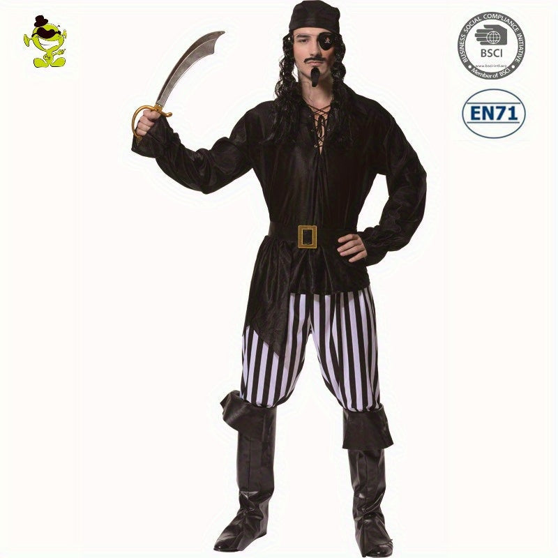 Disfraz de pirata divertido para hombre: disfraz completo de fiesta de Halloween con tejido de poliéster e incluye accesorios de cosplay.
