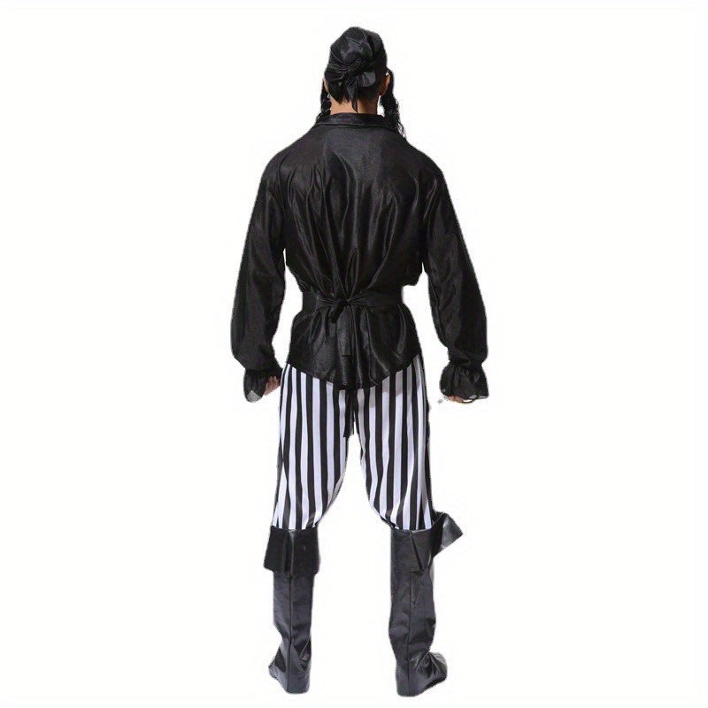 Disfraz de pirata divertido para hombre: disfraz completo de fiesta de Halloween con tejido de poliéster e incluye accesorios de cosplay.