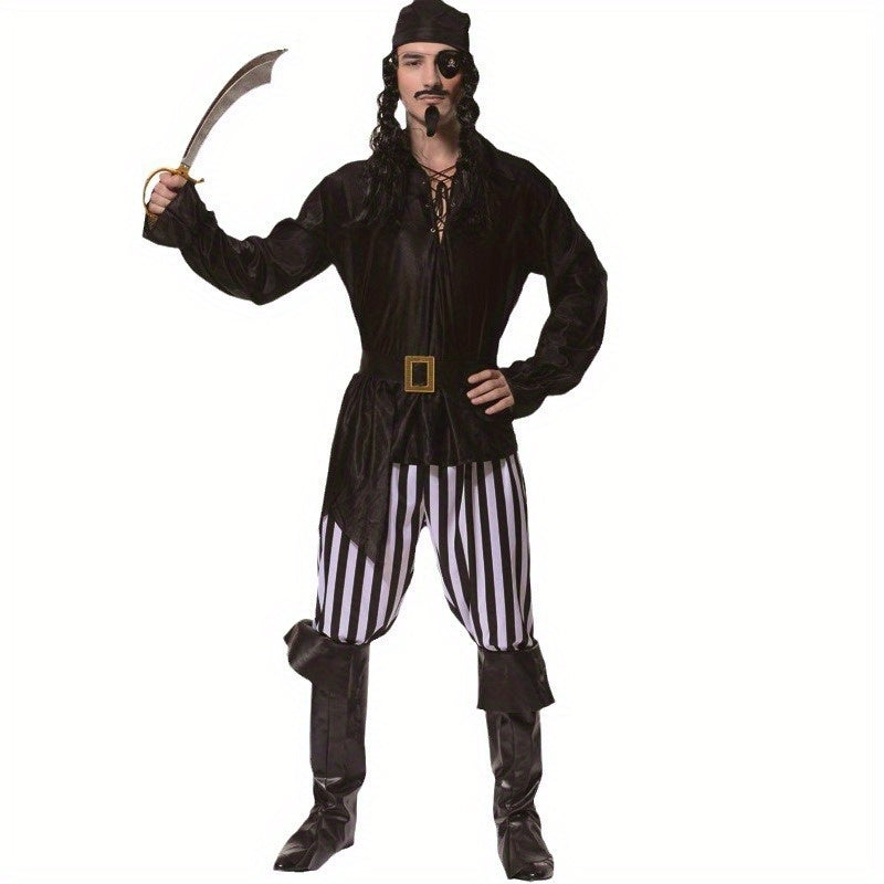 Funky Pirate Costume Set for Men - Complete Halloween Party Outfit with Polyester Knit, Includes Cosplay Accessories