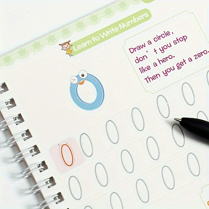 Cuaderno de caligrafía reutilizable para niños pequeños: material de aprendizaje para la primera infancia: práctica de escritura, dibujo y actividades artísticas del alfabeto inglés. Incluye 1 cuaderno con 5 rotuladores borrables.