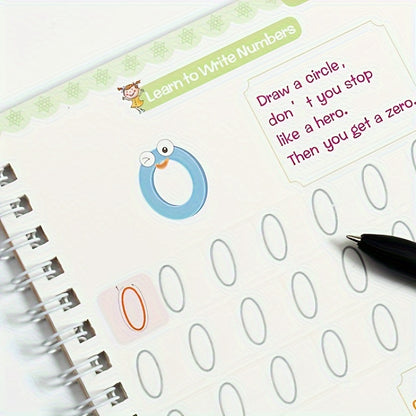 Cuaderno de caligrafía reutilizable para niños pequeños: material de aprendizaje para la primera infancia: práctica de escritura, dibujo y actividades artísticas del alfabeto inglés. Incluye 1 cuaderno con 5 rotuladores borrables.
