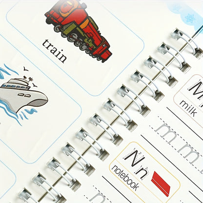 Cuaderno de caligrafía reutilizable para niños pequeños: material de aprendizaje para la primera infancia: práctica de escritura, dibujo y actividades artísticas del alfabeto inglés. Incluye 1 cuaderno con 5 rotuladores borrables.