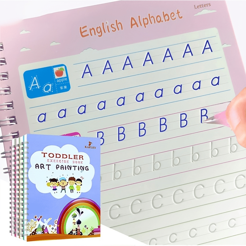 Cuaderno de caligrafía reutilizable para niños pequeños: material de aprendizaje para la primera infancia: práctica de escritura, dibujo y actividades artísticas del alfabeto inglés. Incluye 1 cuaderno con 5 rotuladores borrables.