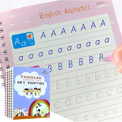 Cuaderno de caligrafía reutilizable para niños pequeños: material de aprendizaje para la primera infancia: práctica de escritura, dibujo y actividades artísticas del alfabeto inglés. Incluye 1 cuaderno con 5 rotuladores borrables.