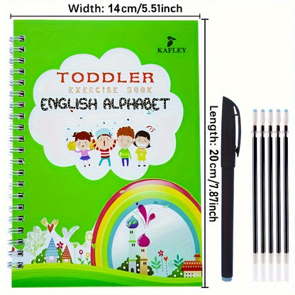 Cuaderno de caligrafía reutilizable para niños pequeños: material de aprendizaje para la primera infancia: práctica de escritura, dibujo y actividades artísticas del alfabeto inglés. Incluye 1 cuaderno con 5 rotuladores borrables.