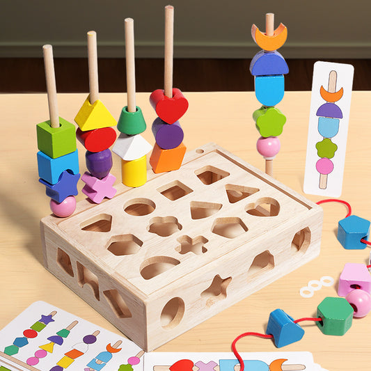 Wooden Educational Toys for Toddlers 2+ Years - Shape Sorting & Color Recognition Stacking Blocks with Bead Sequencing - Early Learning Geometric Board Puzzle for Concentration & Motor Skills Development - Multifunctional Cog