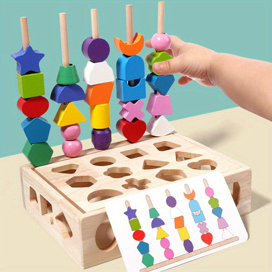 Wooden Educational Toys for Toddlers 2+ Years - Shape Sorting & Color Recognition Stacking Blocks with Bead Sequencing - Early Learning Geometric Board Puzzle for Concentration & Motor Skills Development - Multifunctional Cog