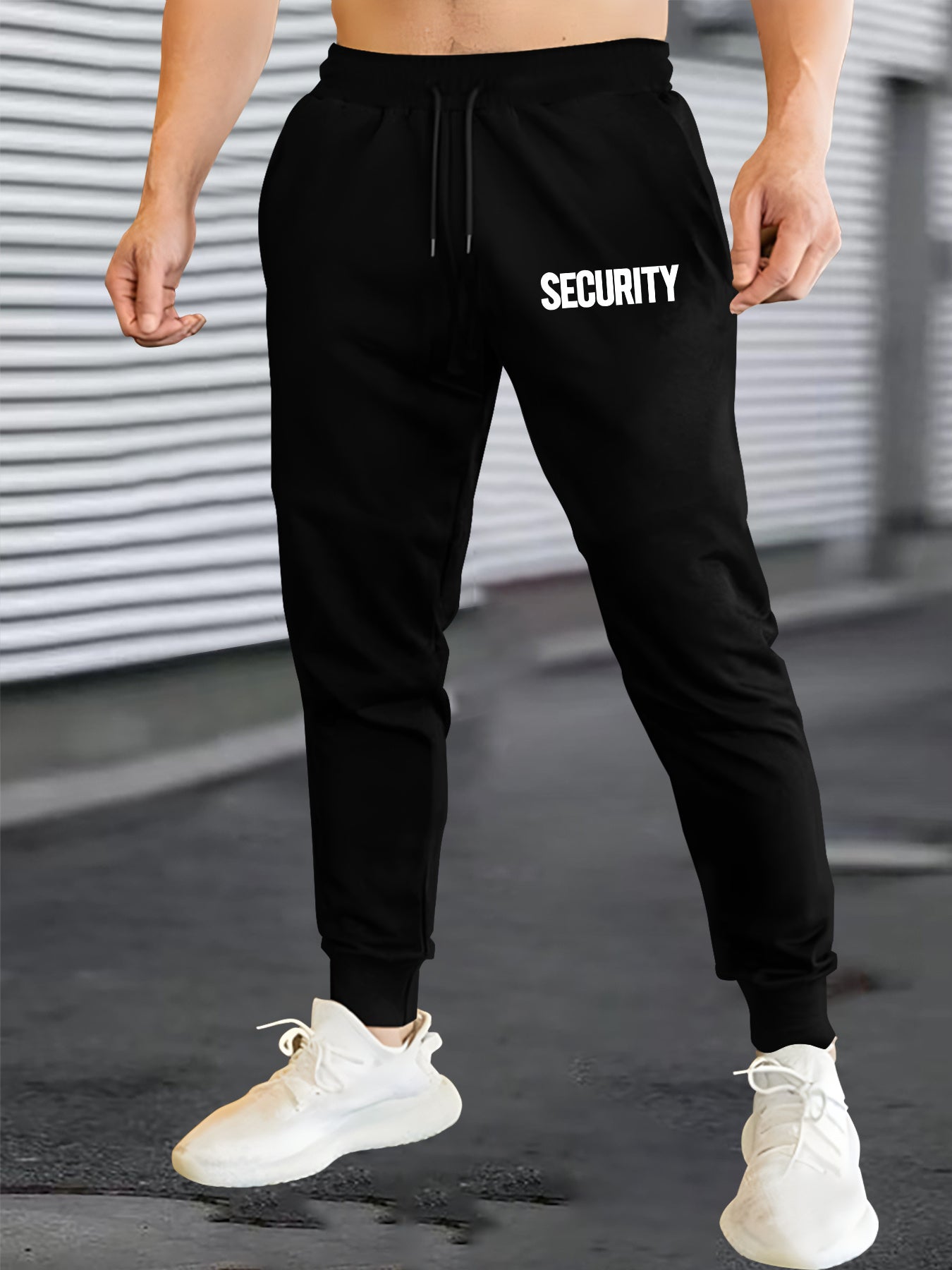 Joggers deportivos informales para hombre con estampado "Security", cintura elástica, cordón ajustable, lavables a máquina y bolsillos.