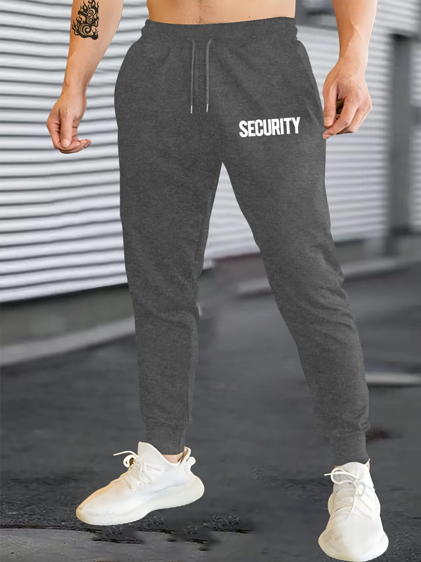 Joggers deportivos informales para hombre con estampado "Security", cintura elástica, cordón ajustable, lavables a máquina y bolsillos.