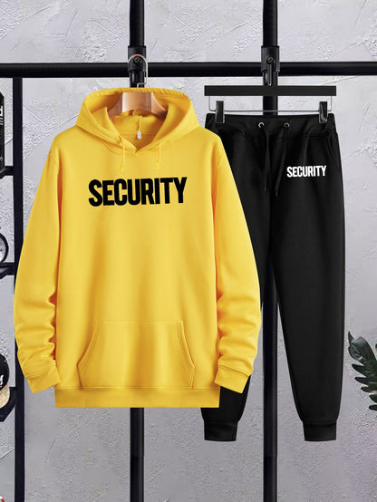 Security Print Polyester Casual Sweatsuit Set - 100% Polyester Knit Fabric, Long Sleeve Hooded Sweatshirt & Joggers with Slight Stretch, Regular Fit Hoodie and Pants for Autumn/Winter