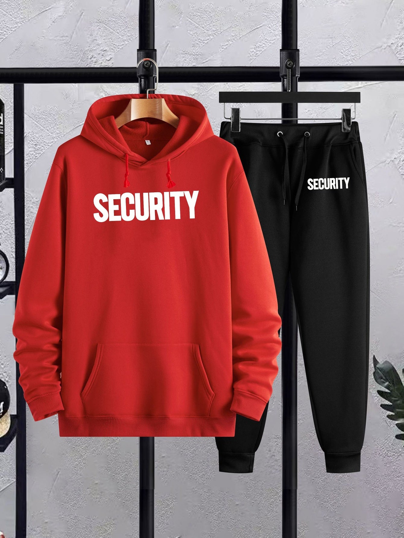 Security Print Polyester Casual Sweatsuit Set - 100% Polyester Knit Fabric, Long Sleeve Hooded Sweatshirt & Joggers with Slight Stretch, Regular Fit Hoodie and Pants for Autumn/Winter