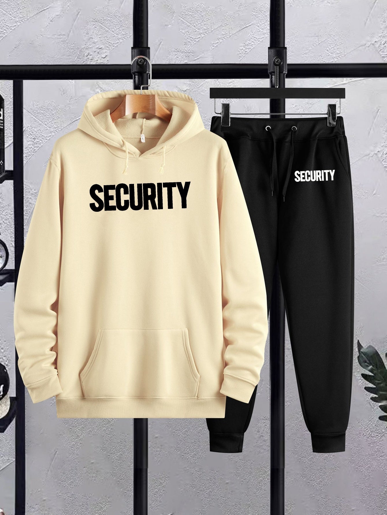 Security Print Polyester Casual Sweatsuit Set - 100% Polyester Knit Fabric, Long Sleeve Hooded Sweatshirt & Joggers with Slight Stretch, Regular Fit Hoodie and Pants for Autumn/Winter