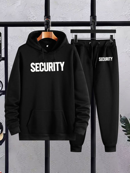 Security Print Polyester Casual Sweatsuit Set - 100% Polyester Knit Fabric, Long Sleeve Hooded Sweatshirt & Joggers with Slight Stretch, Regular Fit Hoodie and Pants for Autumn/Winter