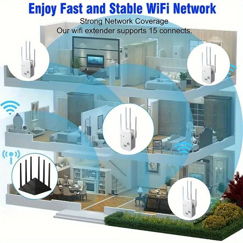 Momotor WiFi Booster, 1200Mbps Dual-Band 2.4 &amp; 5GHz, Strong Signal Penetration for Up to 35 Devices, 4 High-Gain Antennas for 360° Coverage, Ethernet Port, 1-Tap Setup for Home, Office, Cafes - European Standard Plug