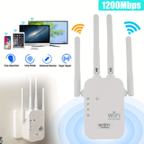 Momotor WiFi Booster, 1200Mbps Dual-Band 2.4 &amp; 5GHz, Strong Signal Penetration for Up to 35 Devices, 4 High-Gain Antennas for 360° Coverage, Ethernet Port, 1-Tap Setup for Home, Office, Cafes - European Standard Plug