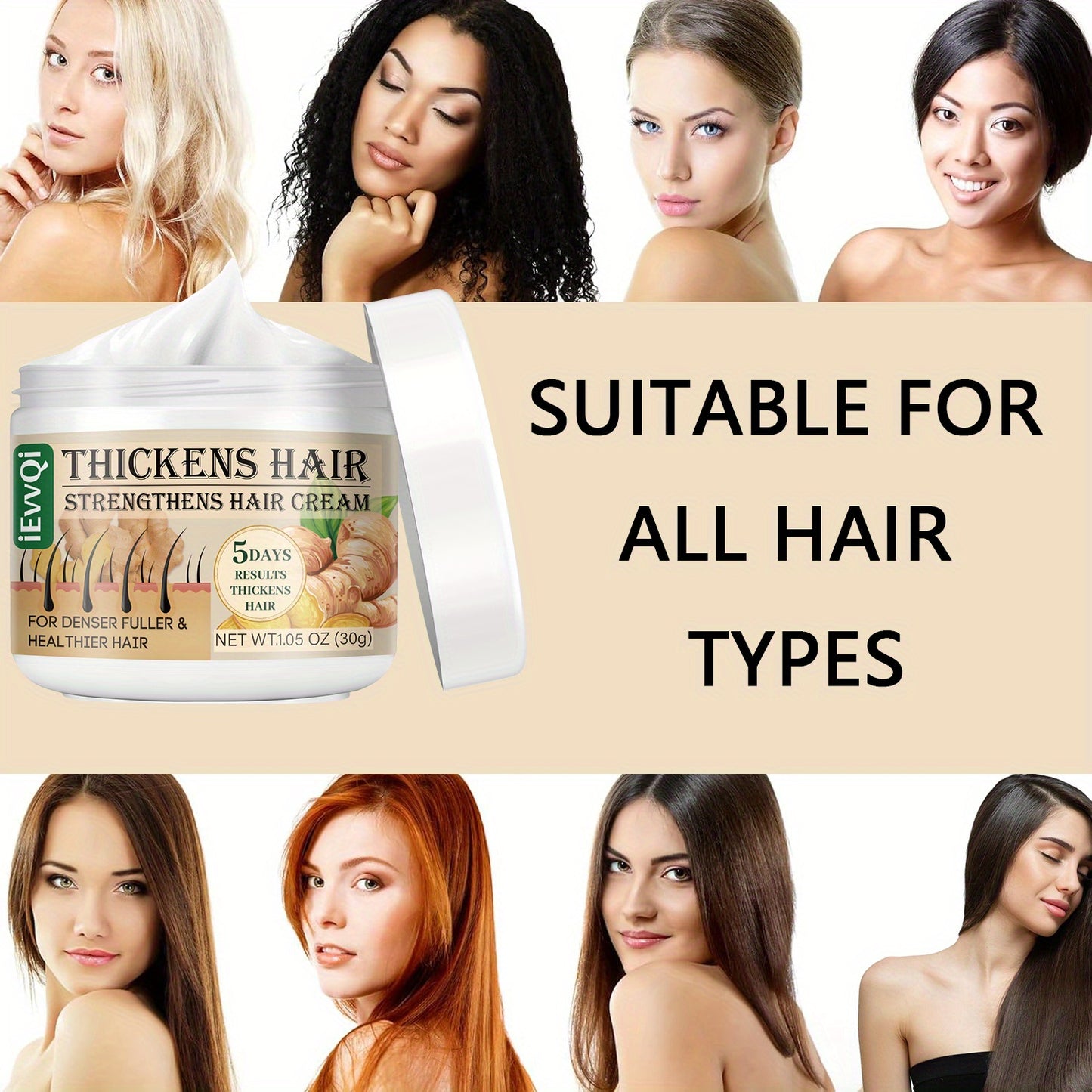 Ginger & Jojoba Oil Hair Thickening Cream - 30g | Enhances Fullness & Strength for All Hair Types, with Biotin & Ginseng Extracts,