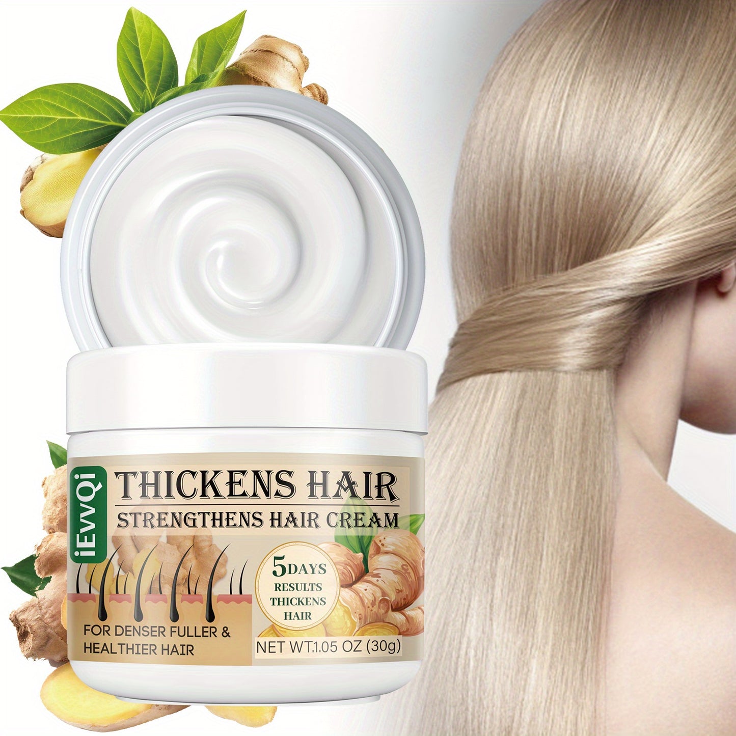 Ginger & Jojoba Oil Hair Thickening Cream - 30g | Enhances Fullness & Strength for All Hair Types, with Biotin & Ginseng Extracts,