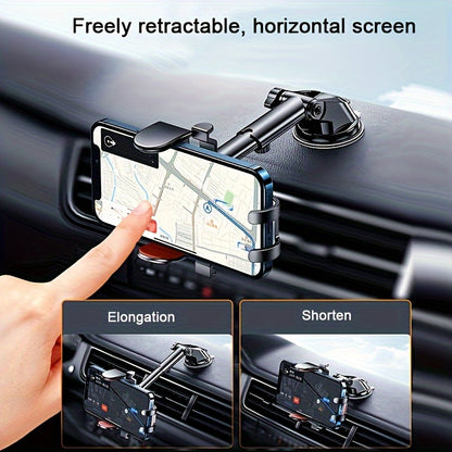 Rotating Car Phone Mount - Adjustable Telescopic Dashboard Suction Cup Holder with Automatic Locking Clip for Navigation, Hands-Free Calls, and Easy Access