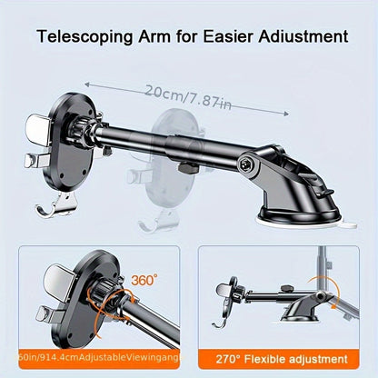 Rotating Car Phone Mount - Adjustable Telescopic Dashboard Suction Cup Holder with Automatic Locking Clip for Navigation, Hands-Free Calls, and Easy Access