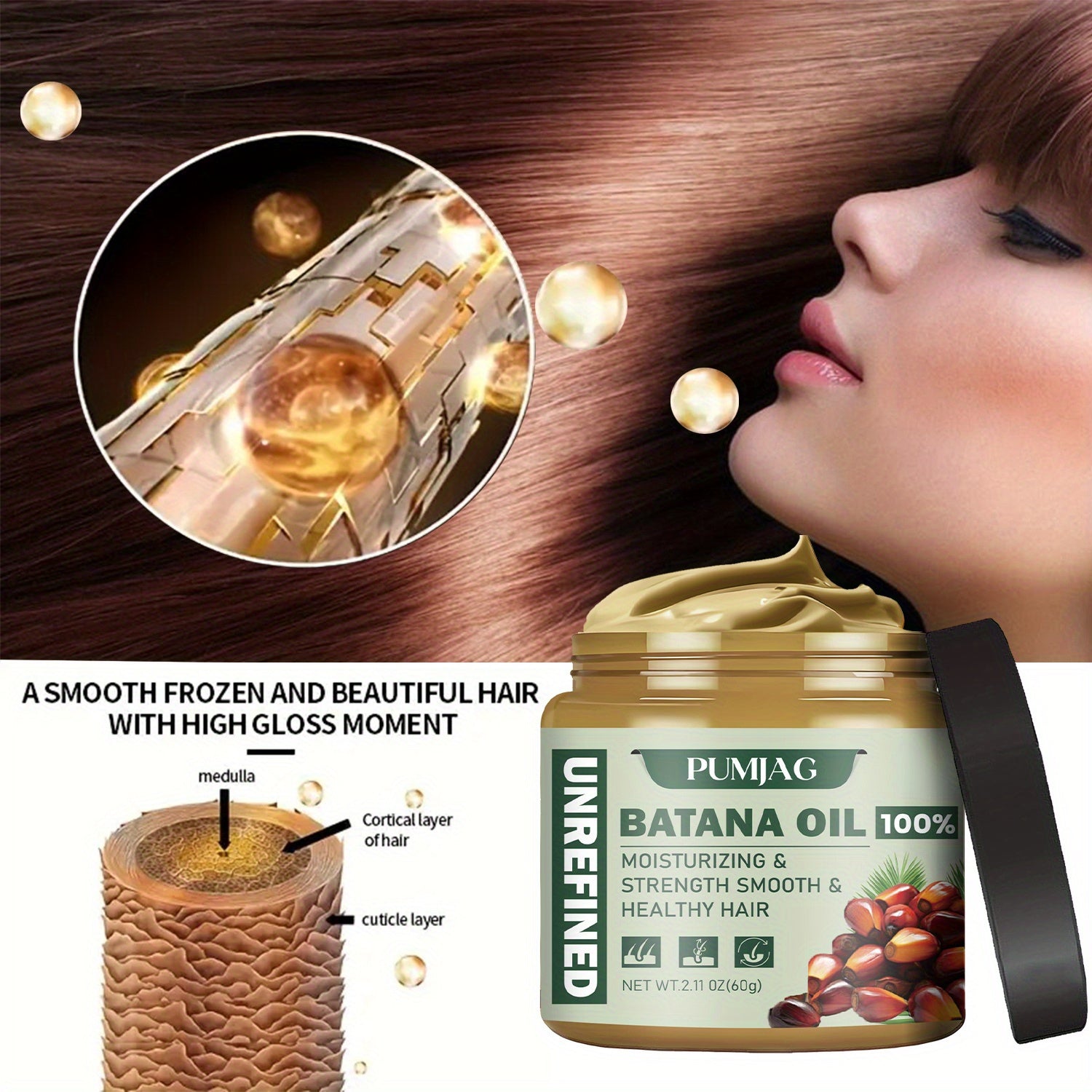 Batana Miracle Hair Oil - 100% Pure, Strengthens & Thickens Hair, Moisturizes Root to Tip, Repairs Damage, Leaves Smooth,, 2.11oz (60g)