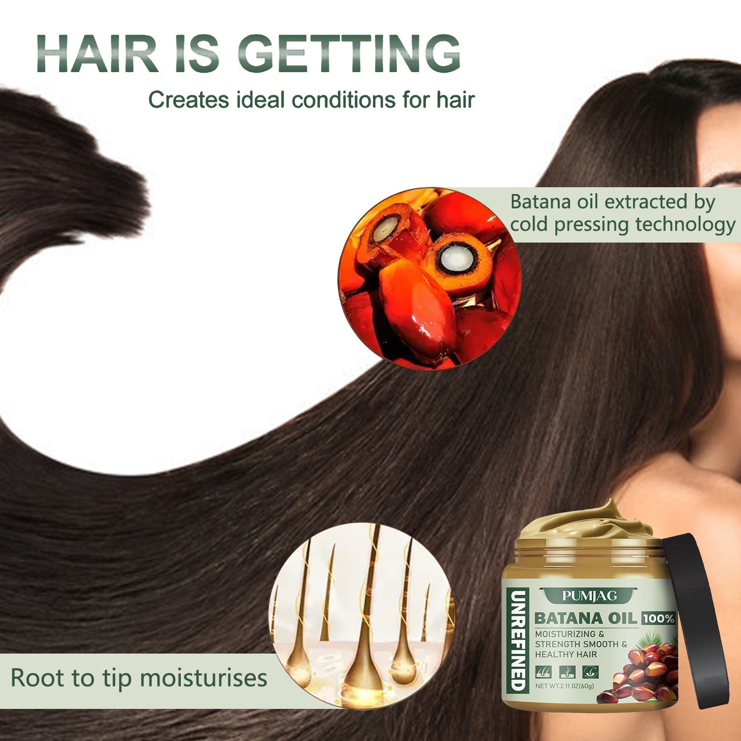 Batana Miracle Hair Oil - 100% Pure, Strengthens & Thickens Hair, Moisturizes Root to Tip, Repairs Damage, Leaves Smooth,, 2.11oz (60g)