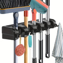 Broom & Mop Holder Wall Mount - 1pc Heavy Duty Tool Organizer for Garden, Laundry Room, Closet, Garage - 5 Slot & 6 Hook Hanger for Rake, Shovel, Mops - Plastic Utility Rack