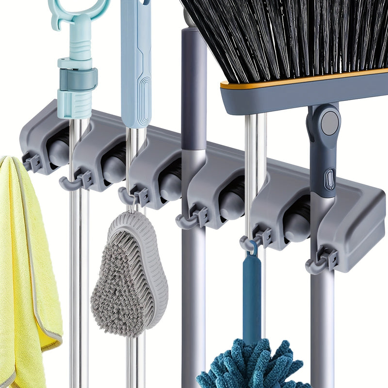 Broom & Mop Holder Wall Mount - 1pc Heavy Duty Tool Organizer for Garden, Laundry Room, Closet, Garage - 5 Slot & 6 Hook Hanger for Rake, Shovel, Mops - Plastic Utility Rack