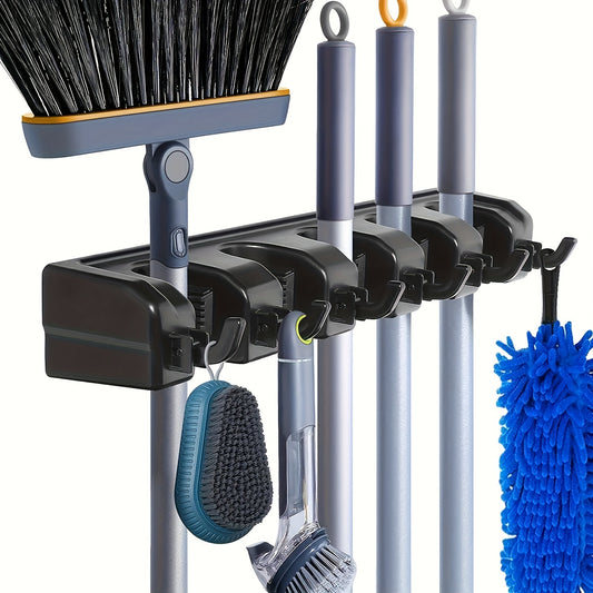 Broom & Mop Holder Wall Mount - 1pc Heavy Duty Tool Organizer for Garden, Laundry Room, Closet, Garage - 5 Slot & 6 Hook Hanger for Rake, Shovel, Mops - Plastic Utility Rack