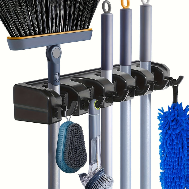 Broom & Mop Holder Wall Mount - 1pc Heavy Duty Tool Organizer for Garden, Laundry Room, Closet, Garage - 5 Slot & 6 Hook Hanger for Rake, Shovel, Mops - Plastic Utility Rack