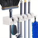 Broom & Mop Holder Wall Mount - 1pc Heavy Duty Tool Organizer for Garden, Laundry Room, Closet, Garage - 5 Slot & 6 Hook Hanger for Rake, Shovel, Mops - Plastic Utility Rack