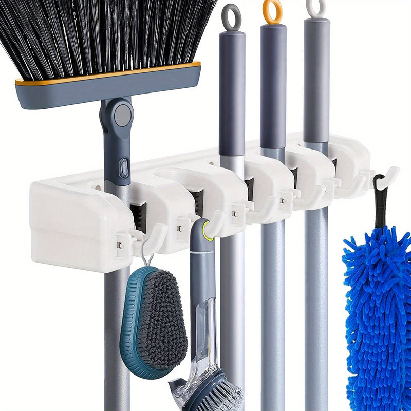 Broom & Mop Holder Wall Mount - 1pc Heavy Duty Tool Organizer for Garden, Laundry Room, Closet, Garage - 5 Slot & 6 Hook Hanger for Rake, Shovel, Mops - Plastic Utility Rack