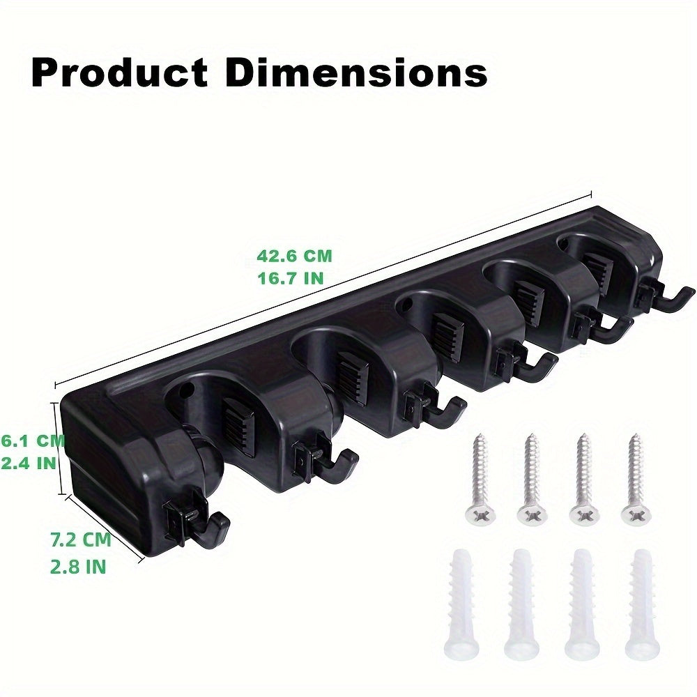 Broom & Mop Holder Wall Mount - 1pc Heavy Duty Tool Organizer for Garden, Laundry Room, Closet, Garage - 5 Slot & 6 Hook Hanger for Rake, Shovel, Mops - Plastic Utility Rack